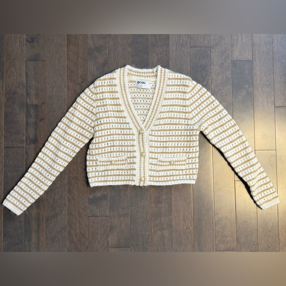 Ivory and Gold Striped V-Neck Crochet Cardigan